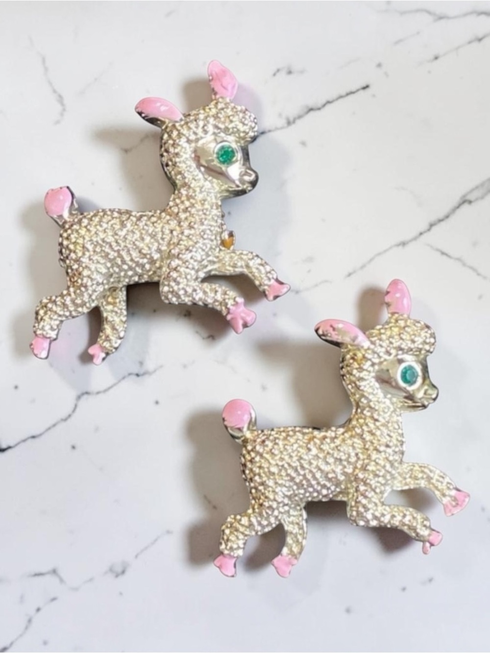 Vintage Easter Little Lamb Brooches Pins with Jeweled Eyes